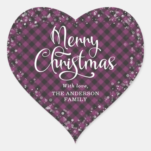 Merry Christmas Purple Plaid Calligraphy Snow Heart Sticker