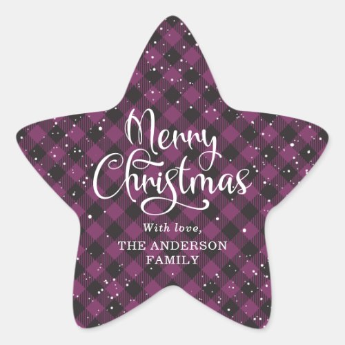 Merry Christmas Purple Plaid Calligraphy Snow Star Sticker