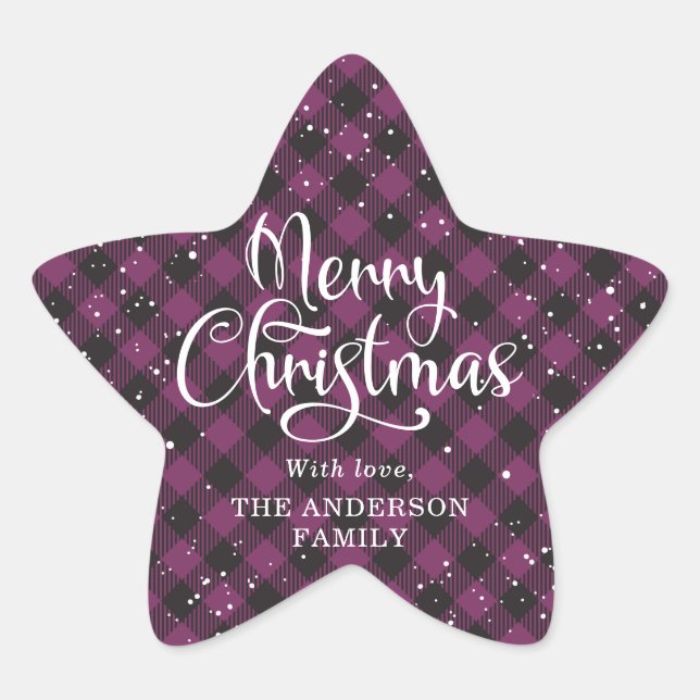 Merry Christmas Purple Plaid Calligraphy Snow Star Sticker (Front)