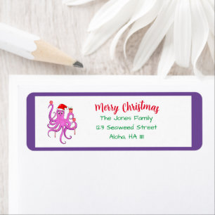 Merry Christmas Purple Santa Octopus Label
