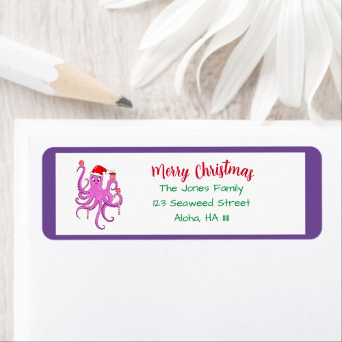 Merry Christmas Purple Santa Octopus  Label