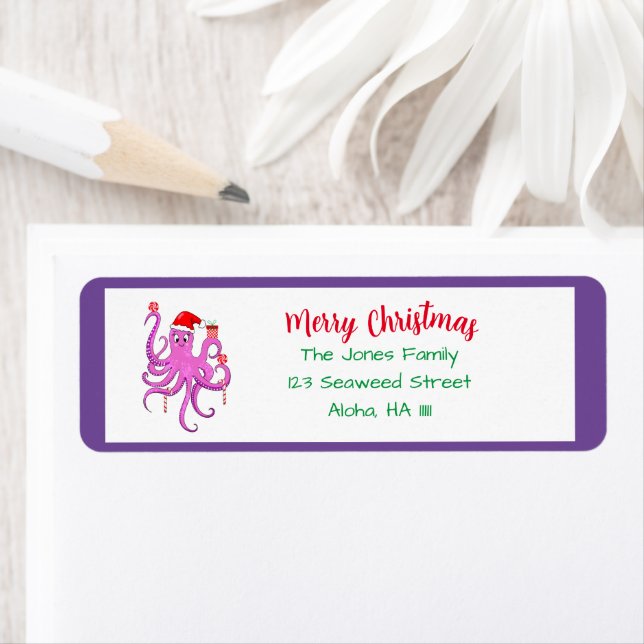 Merry Christmas Purple Santa Octopus  Label (Insitu)