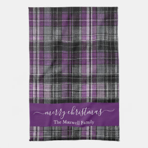 Merry Christmas purple tartan plaid script name Kitchen Towel