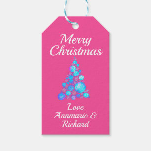 Merry Christmas Purple Tree on Pink with Name Gift Tags
