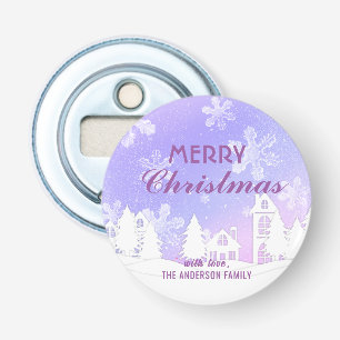 Merry Christmas Purple White House Snowflakes  Bottle Opener