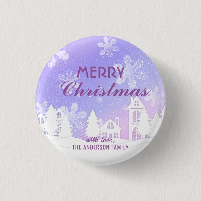 Merry Christmas Purple White House Snowflakes  Button (Front)