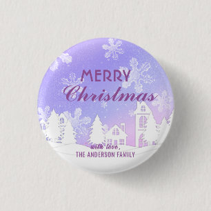 Merry Christmas Purple White House Snowflakes Button