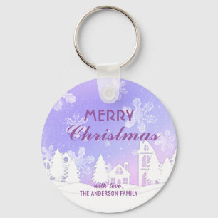 Merry Christmas Purple White House Snowflakes Keychain