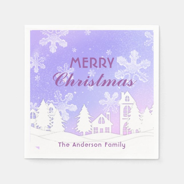 Merry Christmas Purple White House Snowflakes  Napkins (Front)