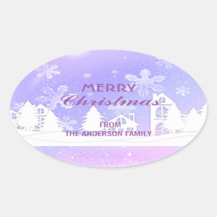 Merry Christmas Purple White House Snowflakes Oval Sticker