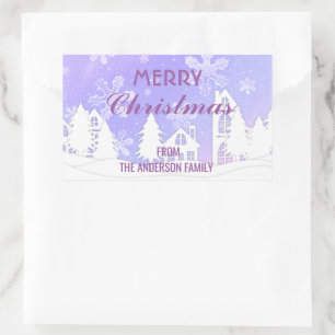 Merry Christmas Purple White House Snowflakes Rectangular Sticker