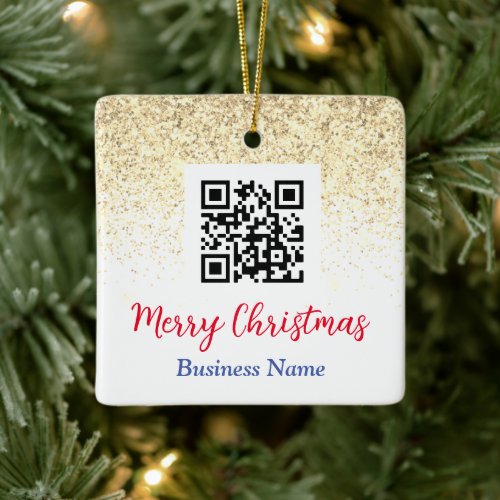 Merry Christmas QR Code Business Name Gold Glitter Ceramic Ornament