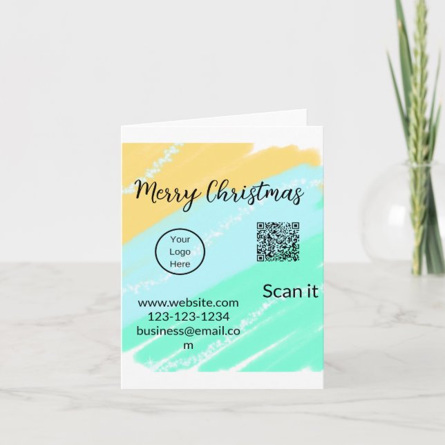 Merry Christmas QR code business yellow green wate Card (Front)