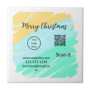 Merry Christmas QR code business yellow green wate Ceramic Tile