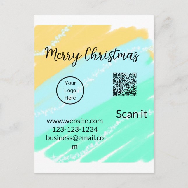 Merry Christmas QR code business yellow green wate Postcard (Front)