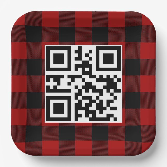 Merry Christmas QR Code On Buffalo Plaid Paper Plates (Front)