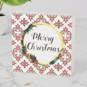 Merry Christmas Quilt Pattern Vintage Country Gift Wooden Box Sign