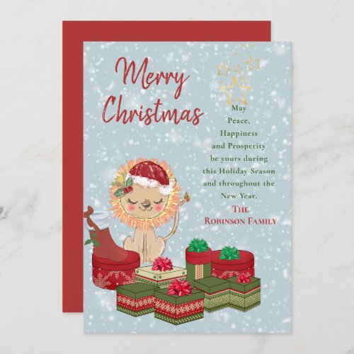 Merry Christmas Quote Cute Santa Baby Lion Red Hat Holiday Card