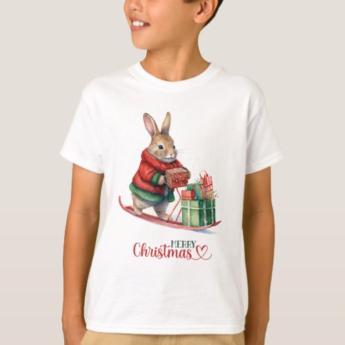 Merry Christmas Rabbit Gifts On a Sleigh T_Shirt