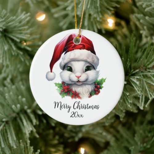 Merry Christmas Rabbit in Santa Hat Holly Custom Ceramic Ornament