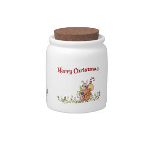 Merry Christmas Rabbit Teasing Bunny Holiday Scene Candy Jar