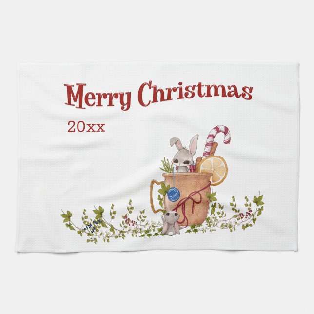 Merry Christmas Rabbit Teasing Bunny with Year Kitchen Towel (Horizontal)