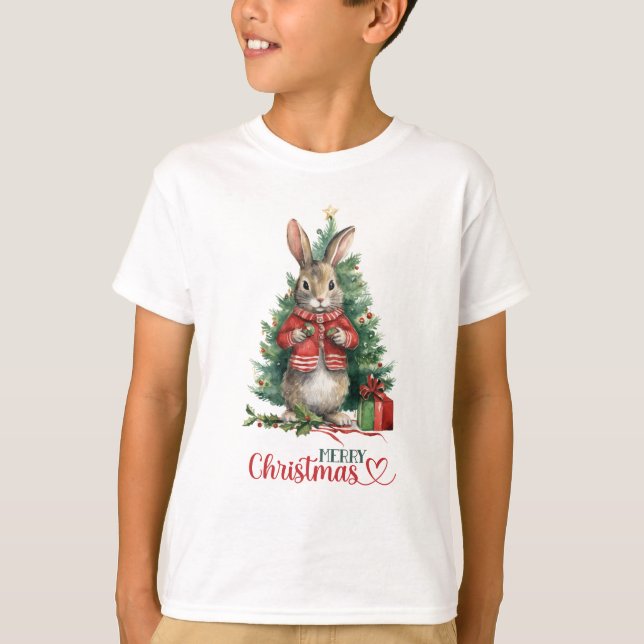 Merry Christmas Rabbit Tree Decorating T-Shirt (Front)