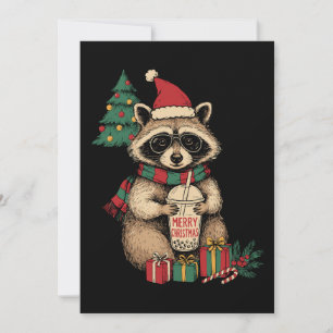 Merry Christmas Raccoon Boba Tea Santa Hat Xmas Invitation