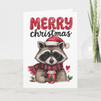 Merry Christmas Raccoon Santa Hat Coffee Plaid Card