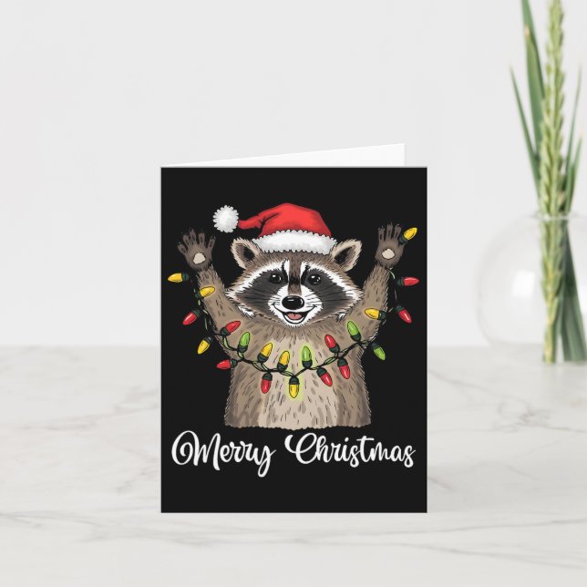 Merry Christmas Raccoon Santa Hat Xmas Light Pjs M Card (Front)