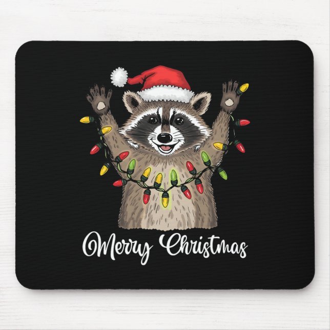 Merry Christmas Raccoon Santa Hat Xmas Light Pjs M Mouse Pad (Front)
