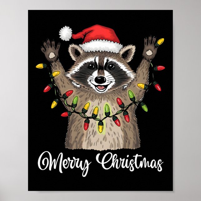 Merry Christmas Raccoon Santa Hat Xmas Light Pjs M Poster (Front)