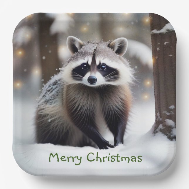 Merry Christmas Racoon Paper Plates (Front)