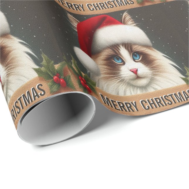 Merry Christmas Ragdoll Cat, Xmas Santa Ragdoll Wrapping Paper (Roll Corner)