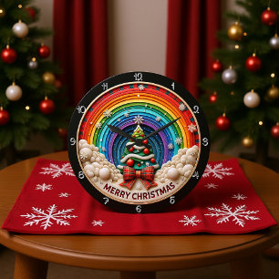 Merry Christmas Rainbow Art Large Clock