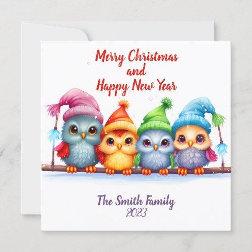 Merry Christmas Rainbow Colourful Owls Holiday Card