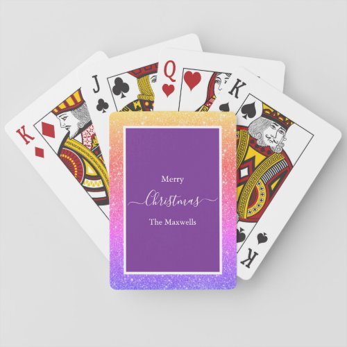 Merry Christmas rainbow glitter family name Playing Cards