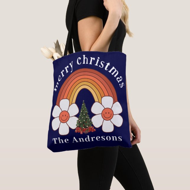 Merry Christmas Rainbow Personalized Large Tote Bag (Close Up)