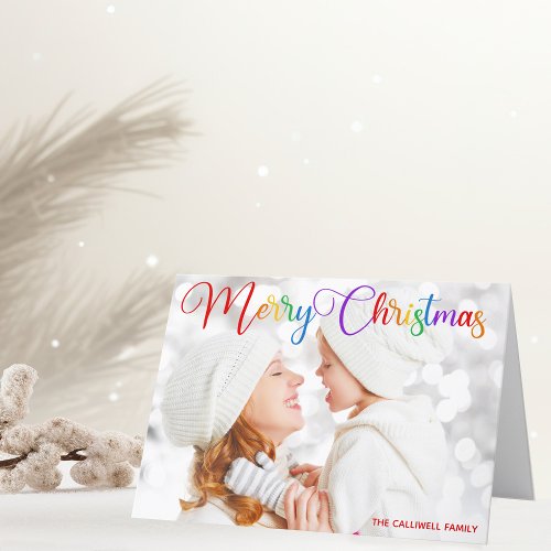 Merry Christmas Rainbow Script Family Photo Folded Holiday Card