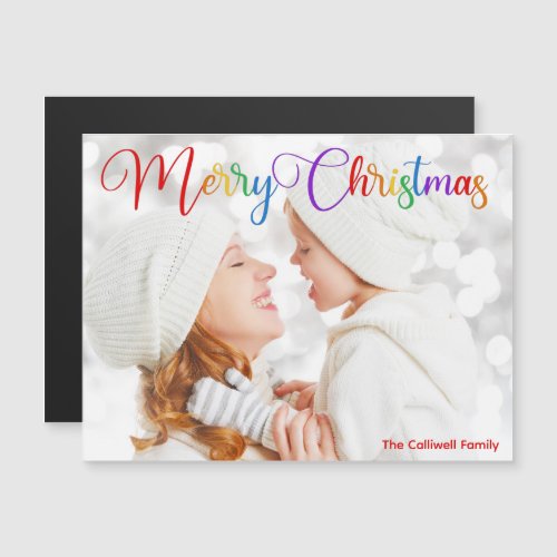 Merry Christmas Rainbow Script Family Photo Magnet