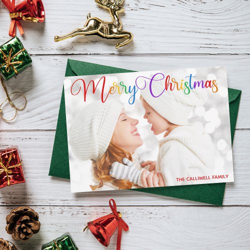 Merry Christmas Rainbow Script Family Photo Pretty Holiday Card