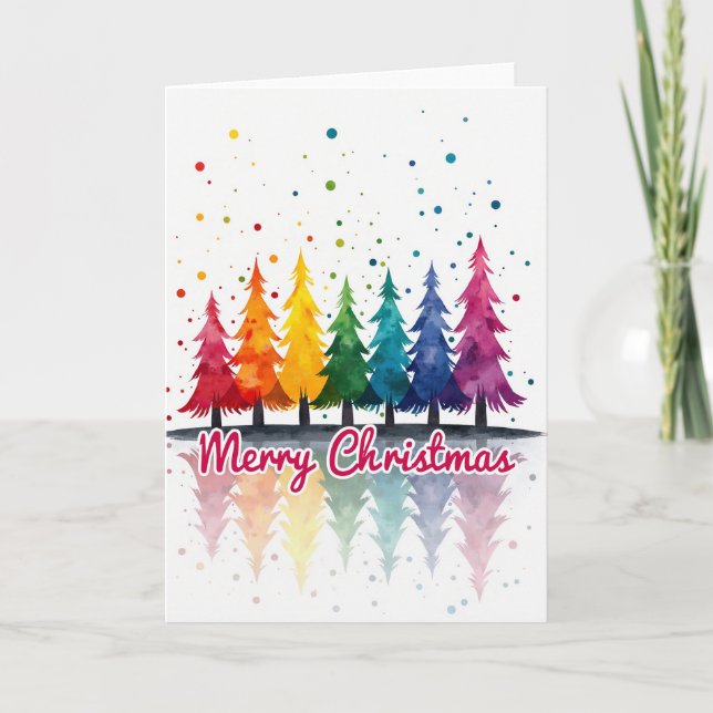 Merry Christmas Rainbow Trees Watercolor Card (Front)