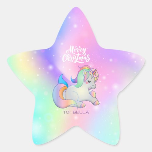 Merry Christmas Rainbow Unicorn Holiday Gift  Star Sticker