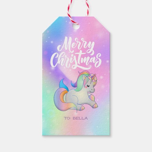 Merry Christmas Rainbow Unicorn Holiday Star  Gift Tags