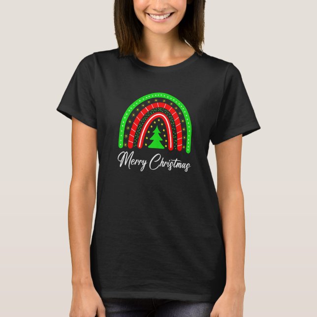 Merry Christmas Rainbow Xmas Tree Holidays Party T-Shirt (Front)