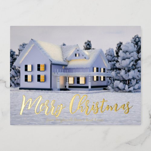 Merry Christmas Real Estate Company Winter Gold Foil Holiday Postcard
