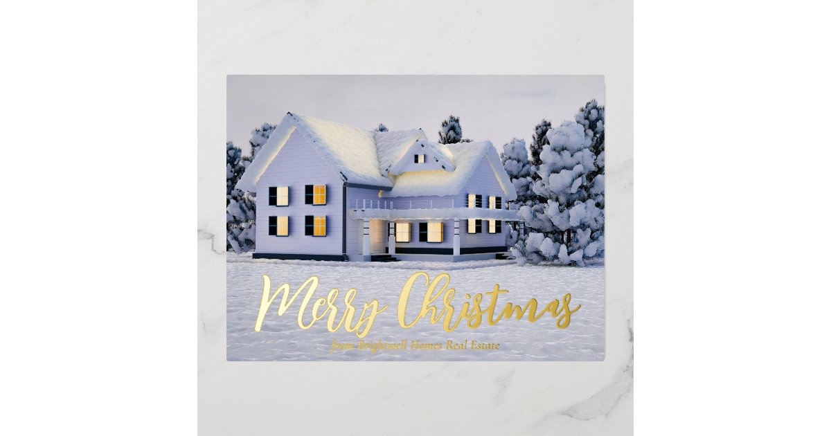 Merry Christmas Real Estate Company Winter Gold Foil Holiday Postcard