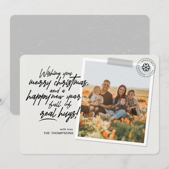 Merry Christmas Real Hugs Script Gray Photo Holiday Card (Front/Back)