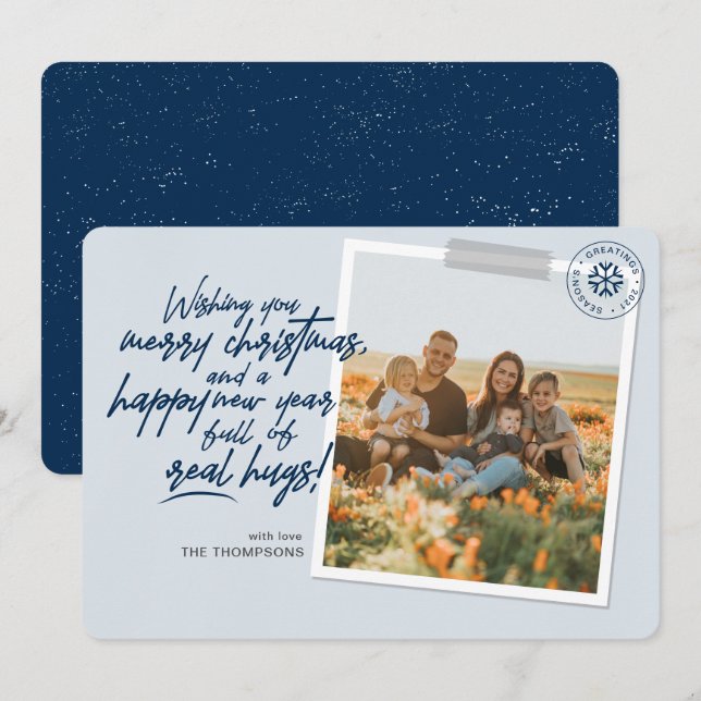 Merry Christmas Real Hugs Script Navy  Photo  Holiday Card (Front/Back)