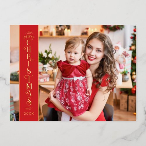 Merry Christmas red 2 photos family gold Foil Holiday Postcard